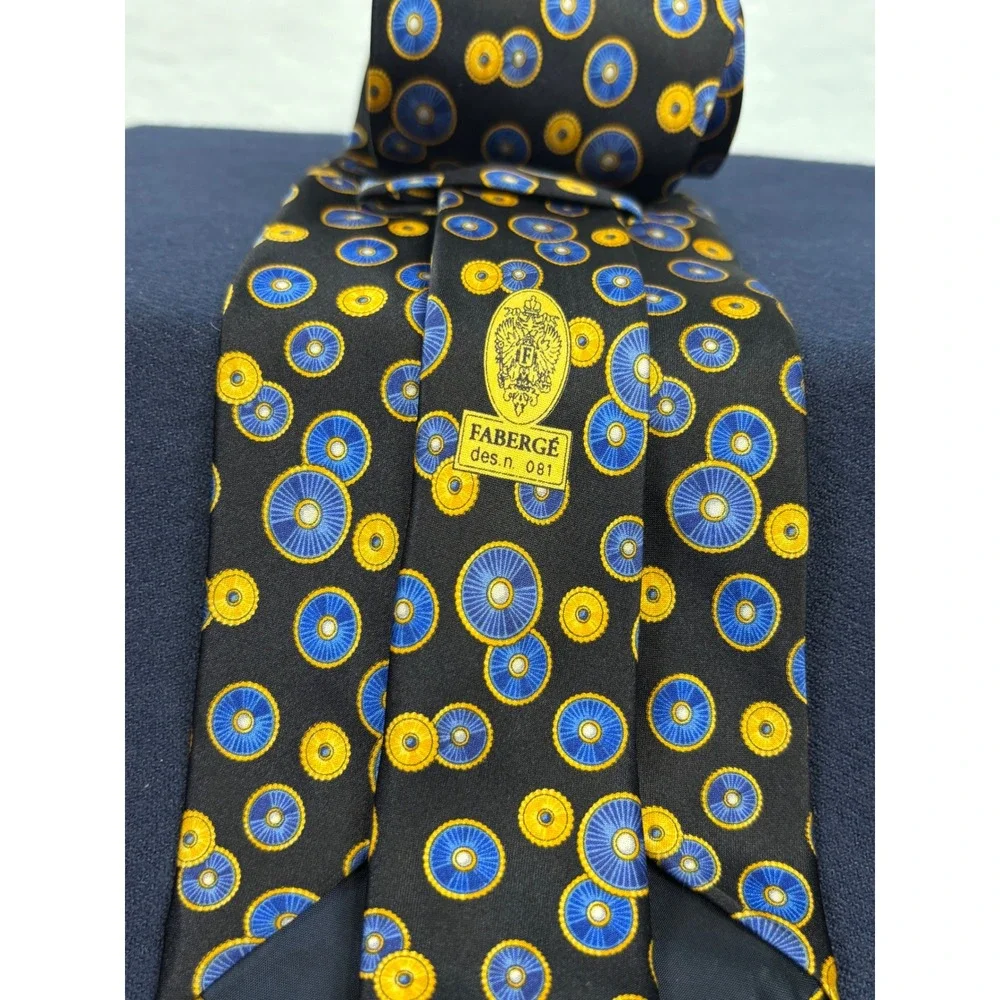Faberge Silk Necktie Mens Black Blue Yellow Geometric Circle Handmade USA 4x57